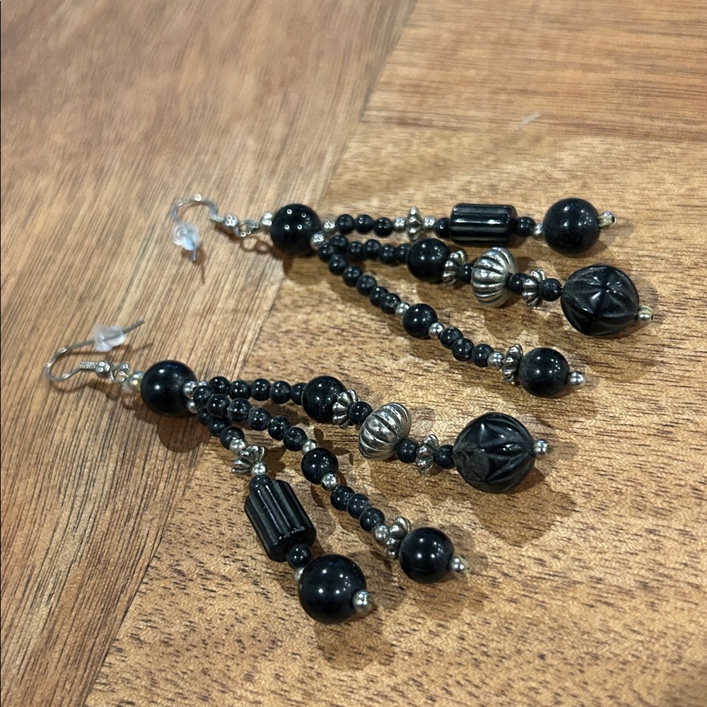 Black Beaded Vintage 3” Dangle Drop Hook Silver Earrings